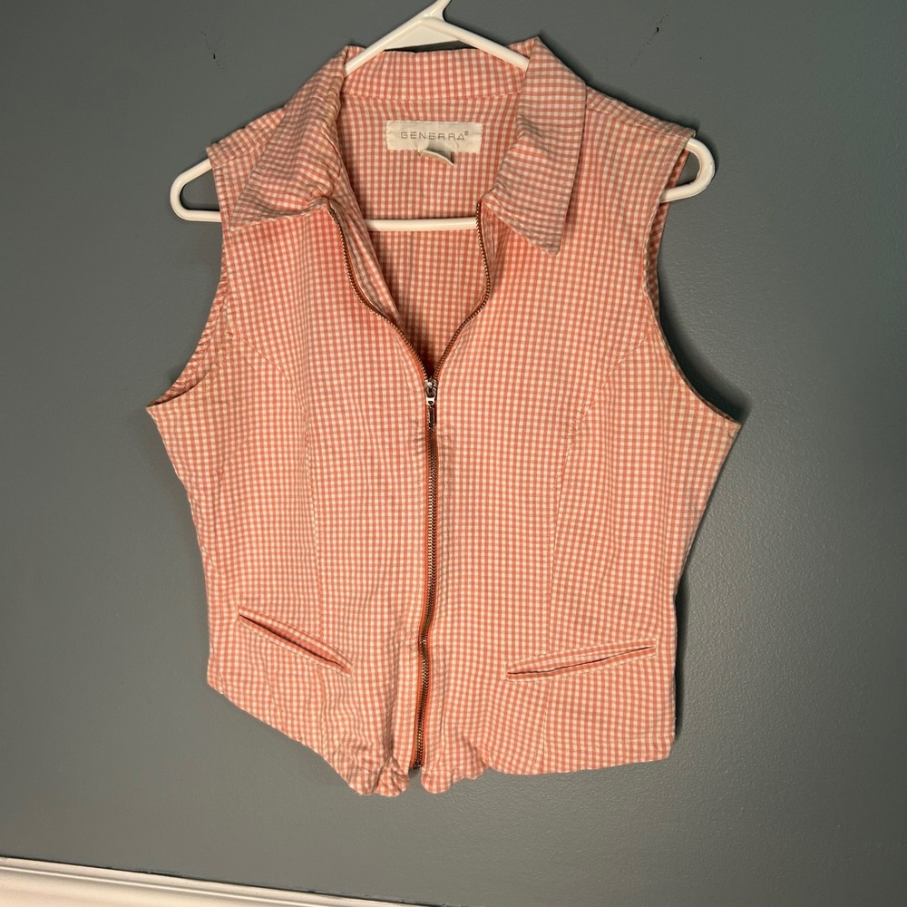 Generra Peach White Gingham Zip Front Vest shirt Sleeveless Top Medium